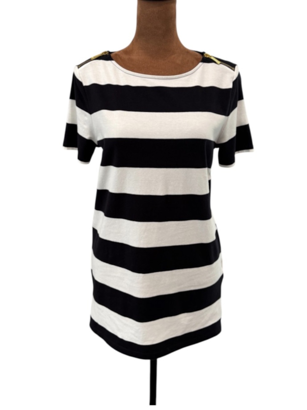 NWT MICHAEL Michael Kors Navy White Striped Top Gold Shoulder Zippers S